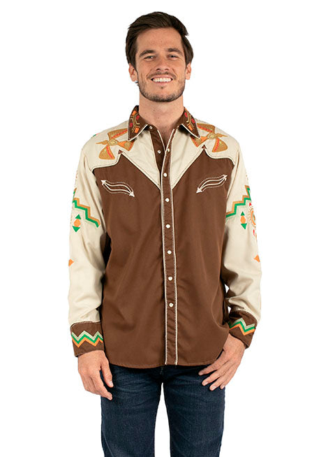 SCULLY AZTEC SOUTHWEST EMBROIDERY SHIRT - Brown and Cream