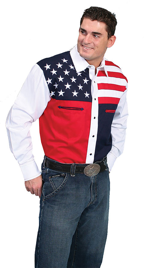 SCULLY- Men's Patriotic Long Sleeve Color Panel Button Down