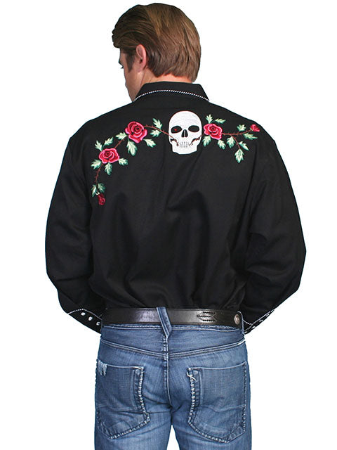SCULLY EMBROIDERY SHIRT SKULLS & ROSES-Black