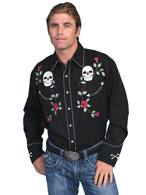 SCULLY EMBROIDERY SHIRT SKULLS & ROSES-Black