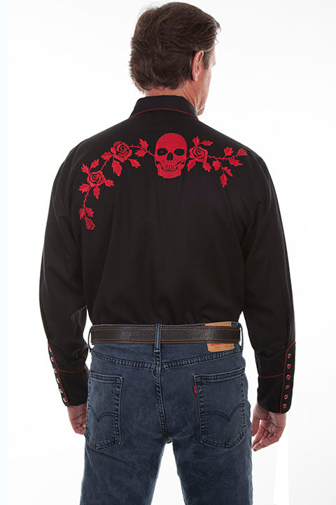SCULLY EMBROIDERY SHIRT SKULLS & ROSES-Red Stitching