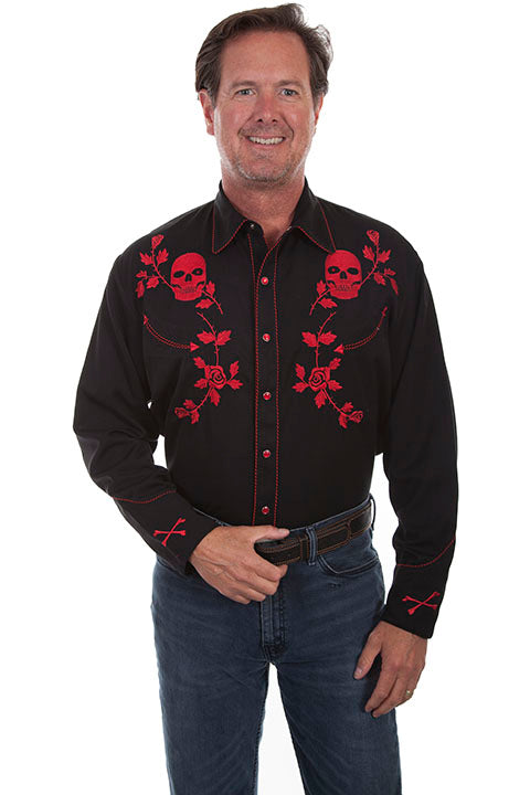 SCULLY EMBROIDERY SHIRT SKULLS & ROSES-Red Stitching