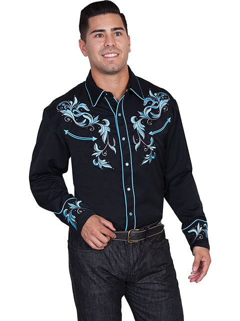 SCULLY LEATHER SCROLL EMBROIDERY SHIRT- Black and Light Blue