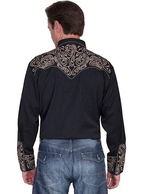 SCULLY ELEGANT TOOLED EMBROIDERY SHIRT - Black and Tan CANDY CANE PIPING