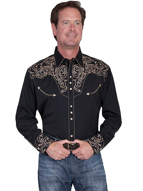 SCULLY ELEGANT TOOLED EMBROIDERY SHIRT - Black and Tan CANDY CANE PIPING