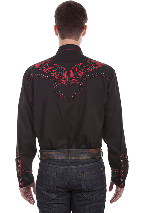 SCULLY ROPE PIPING, STUDS, and SCROLL EMBROIDERY SHIRT- Black