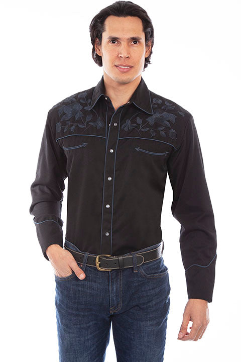 SCULLY NAVY ROSE EMBROIDERY SHIRT- Black & Navy