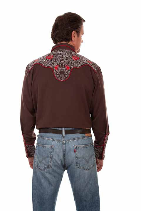 SCULLY ROSES AND SCROLL EMBROIDERY SHIRT- Chocolate Brown