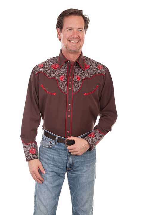SCULLY ROSES AND SCROLL EMBROIDERY SHIRT- Chocolate Brown