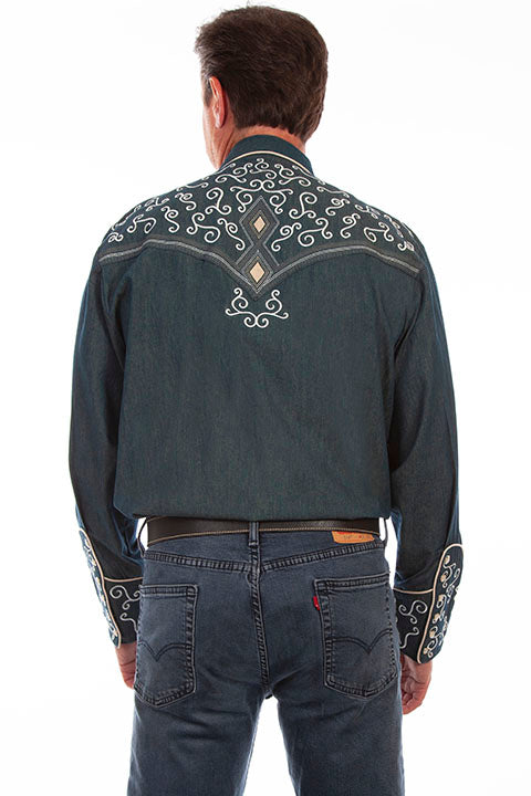 SCULLY DENIM GEOMETRIC EMBROIDERY SHIRT - denim and cream