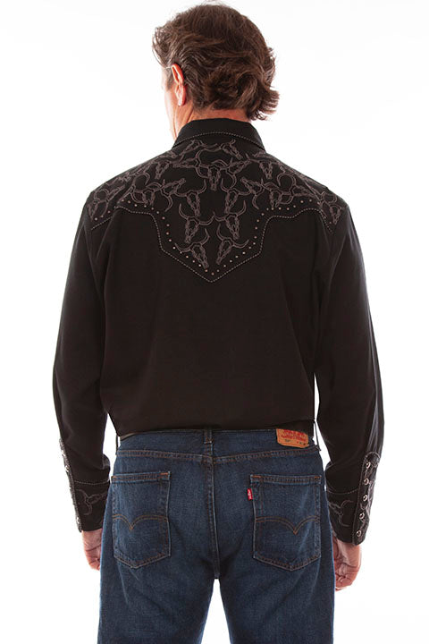 SCULLY GREY LONGHORN EMBROIDERY SHIRT - Black and Grey