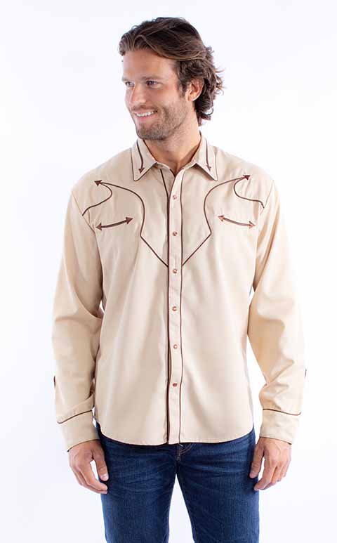 SCULLY ARROW YOKE EMBROIDERY SHIRT - Cream and Brown