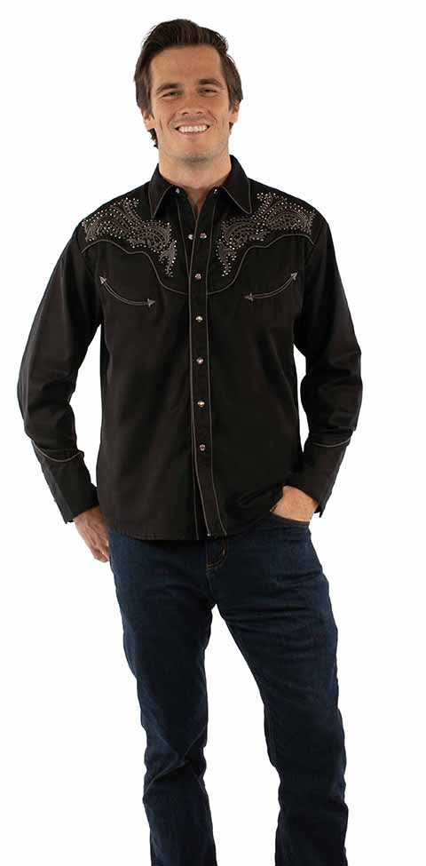 SCULLY STUDDED SCROLL EMBROIDERY SHIRT- Black
