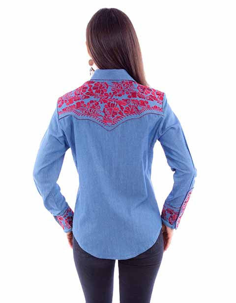SCULLY- Women's Denim and Red Scroll Button Down