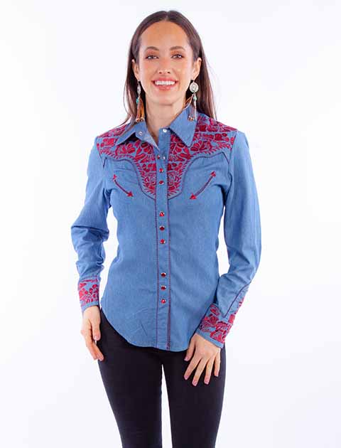 SCULLY- Women's Denim and Red Scroll Button Down
