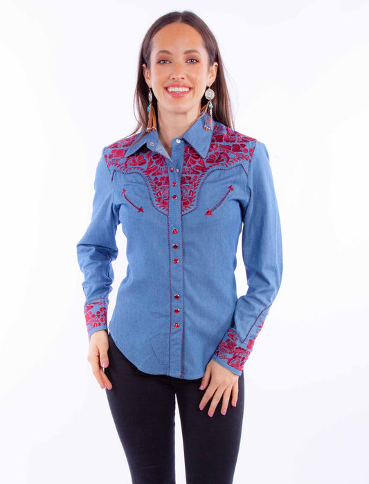 SCULLY FLORAL TOOLED EMB. BLOUSE - BLUE CRANBERRY