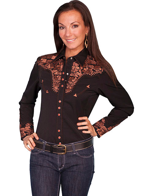 SCULLY- Women's Black and Copper Scroll Button Down