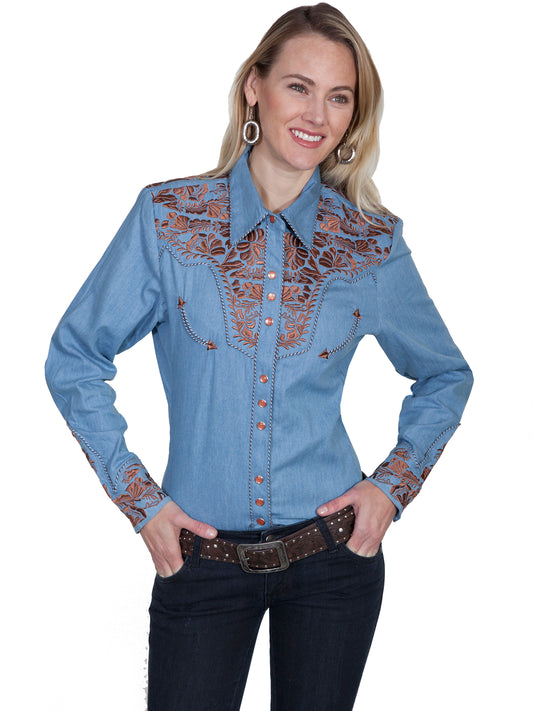 SCULLY FLORAL TOOLED EMB. BLOUSE - Blue