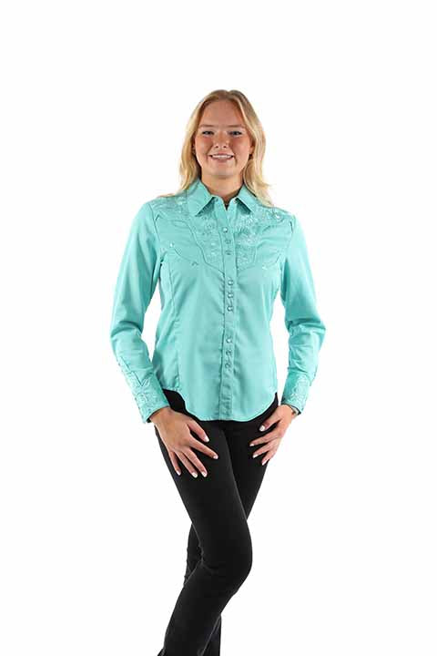 SCULLY- Women's Teal on Teal Scroll Button Down