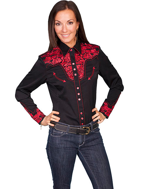 SCULLY- Women's Black and Royal Red Scroll Button Down