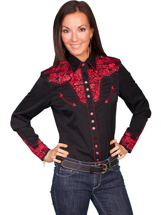 SCULLY FLORAL TOOLED EMB. BLOUSE - Crimson