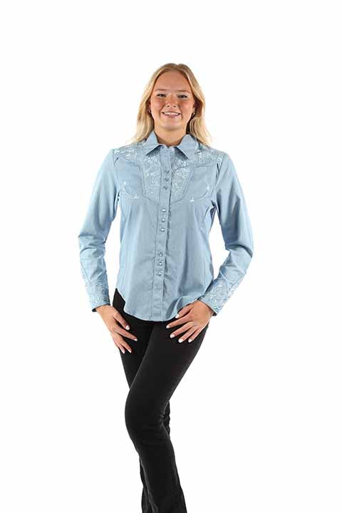 SCULLY- Women's Baby Blue on Baby Blue Scroll Button Down