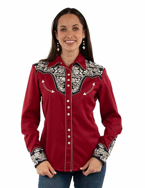 SCULLY- Women's Deep Red White and Blue Scroll Button Down