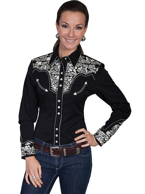 SCULLY- Women's Black with Silver Scroll Button Down