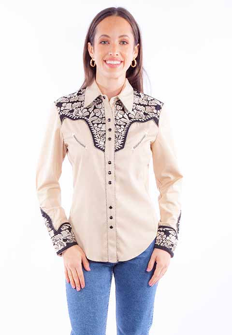 SCULLY- Women's Black and Cream Scroll Button Down
