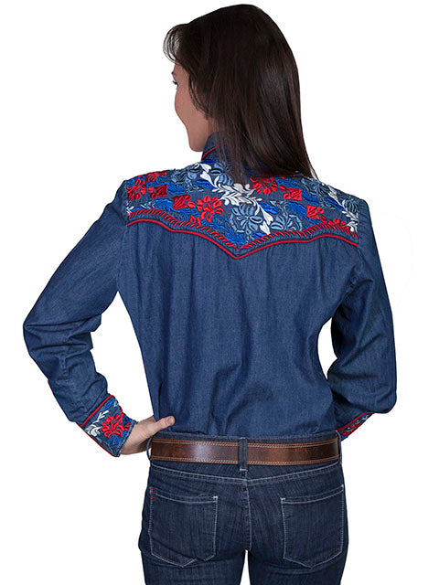 SCULLY- Women's Red White and Blue on Denim Scroll Button Down
