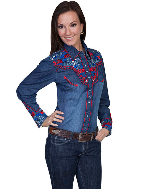 SCULLY- Women's Red White and Blue on Denim Scroll Button Down