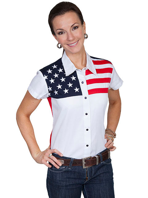SCULLY- Women's Patriotic Short Sleeve Color Panel Button Down