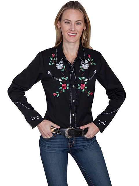 SCULLY- Women's Black Skull and Roses Button Down