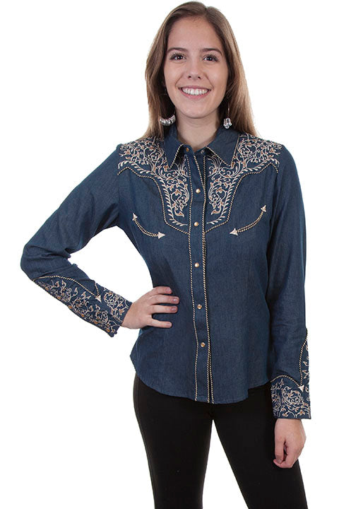 SCULLY- Women's Denim and Two-Toned White Scroll Button Down