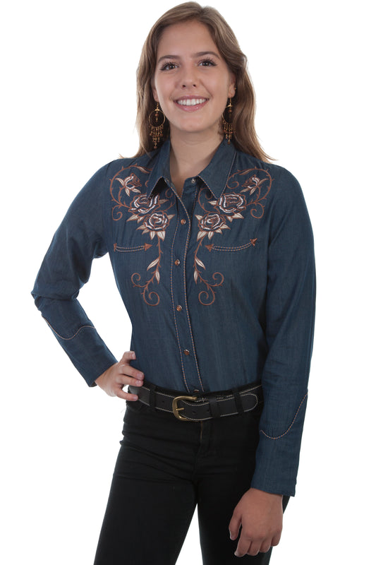 SCULLY LADIES LONGHORN ROSE EMB. BLOUSE