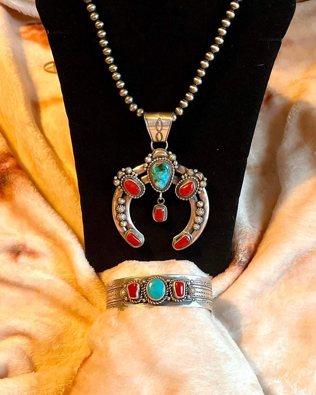 A Royal Set: Sterling Silver, Turquoise, and Corral Necklace and Cuff Set