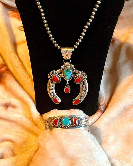 A Royal Set: Sterling Silver, Turquoise, and Corral Necklace and Cuff Set