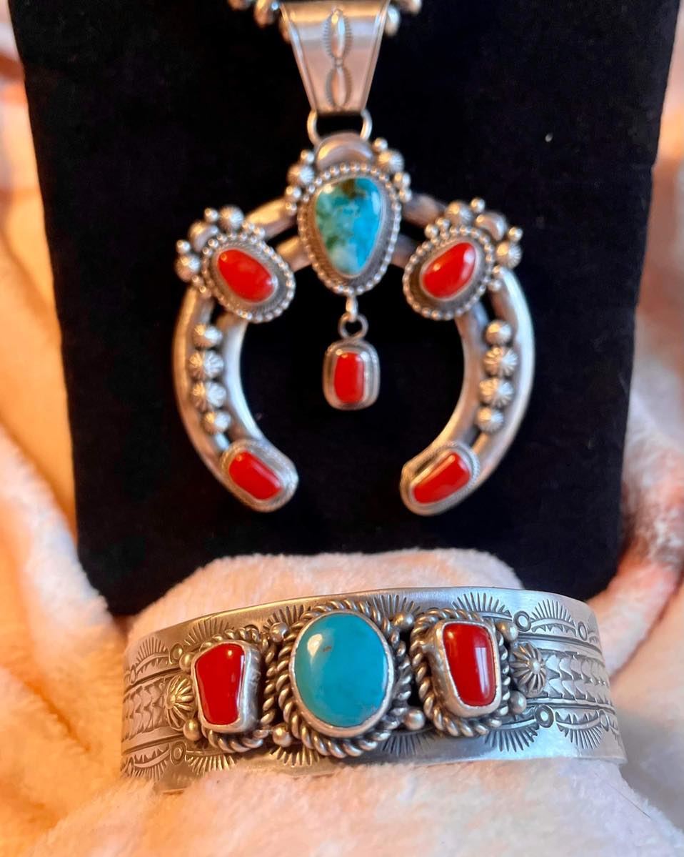 A Royal Set: Sterling Silver, Turquoise, and Corral Necklace and Cuff Set