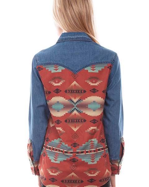 Scully Denim & Aztec Button Down Top