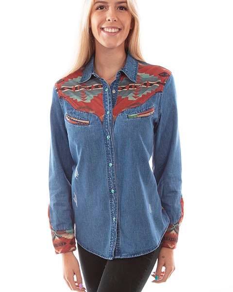 Scully Denim & Aztec Button Down Top