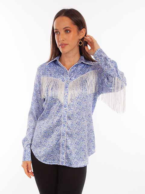 Scully Prairie Blue Flower Print Satin Shirt