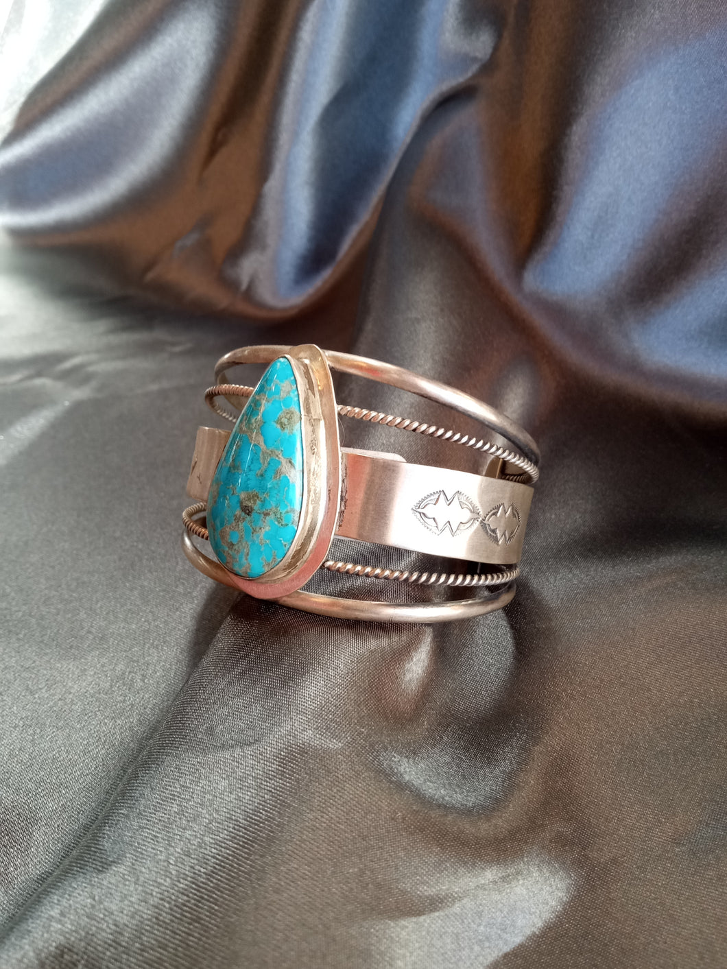Genuine Native Turquoise and Sterling Silver Teardrop Cuff
