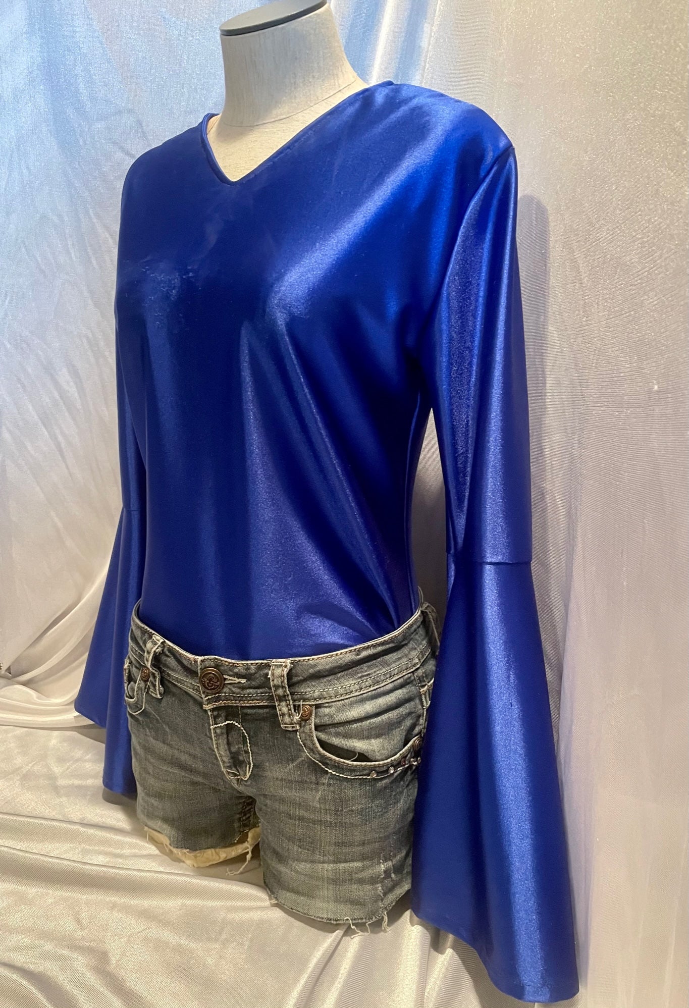 CUSTOM Royal Blue Satin Belle Sleeve Shirt