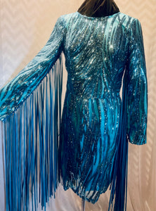 Full Fringe Light Blue Sequin Dress